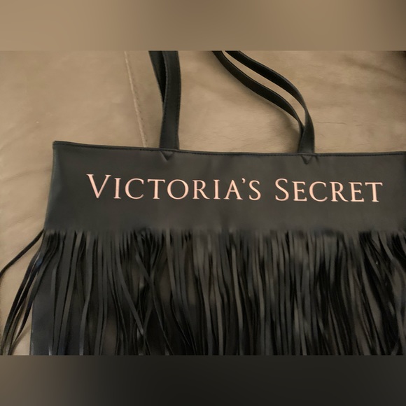 VICTORIAS SECRET Black Fringe PVC Double Handle Large Tote BAG Lined - Picture 8 of 8